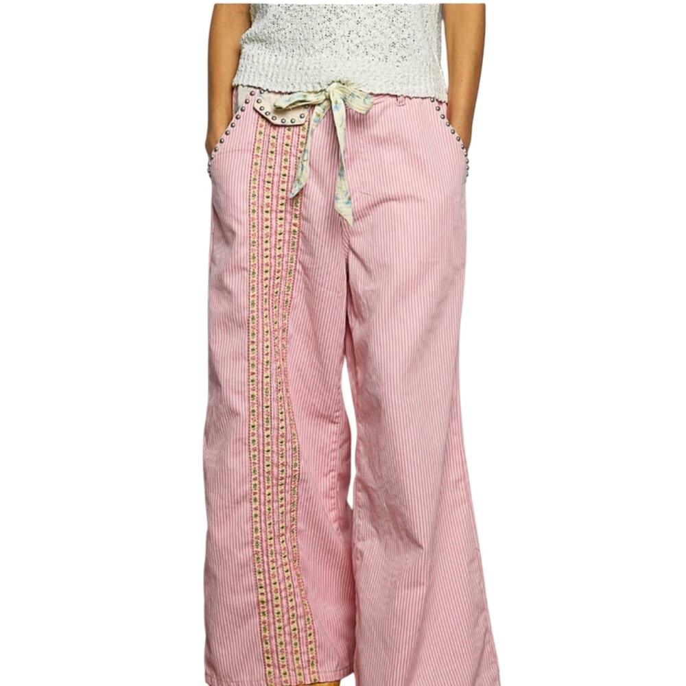 POL Pink Striped Wide-Leg Pants with Embroidered Trim